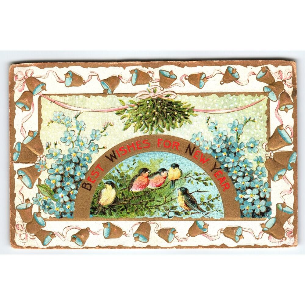 Vintage New Year Postcard with Birds, Bells & Mistletoe, Printed in Germany